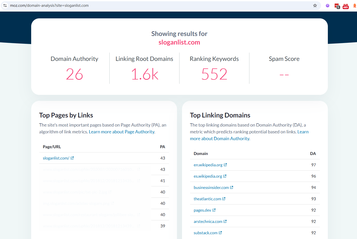 SloganList Domain Authority metrics showing high trust signals